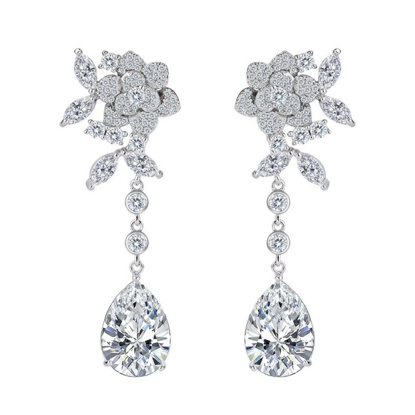 BriLove Women's Wedding Bridal Cubic Zirconia Flower Teardrop Dangle Earrings - Clear Silver-Tone - CP186M6H9OA