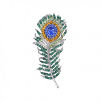 Alilang Art Deco Silvery Tone Peacock Feather Pin Brooch With Green Blue & Golden Crystal Rhinestones - Green - CW113AH6DRP