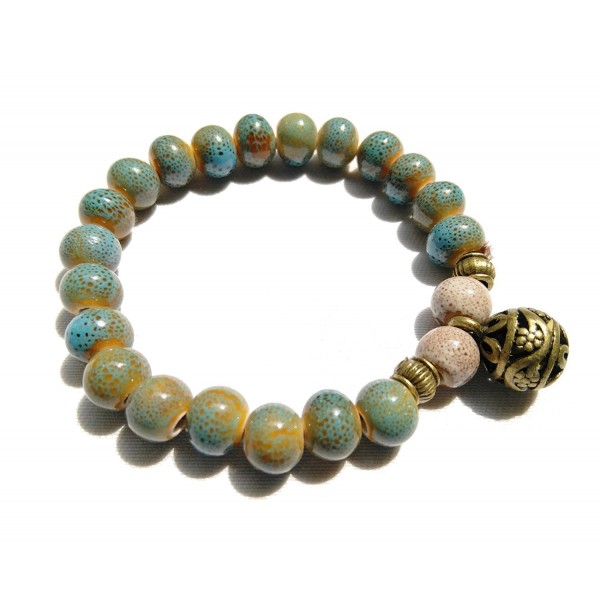 Porcelain Pot Beads with Brass Ball Buddhist Prayer Wrist Mala Bracelet - Sea Blue - CW11AG480ML