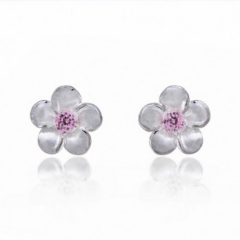 925 Sterling Silver Mini Plumeria Hawaiian Flower with Pink Cubic Zirconia Stud Earrings - CN11NUUAZO9