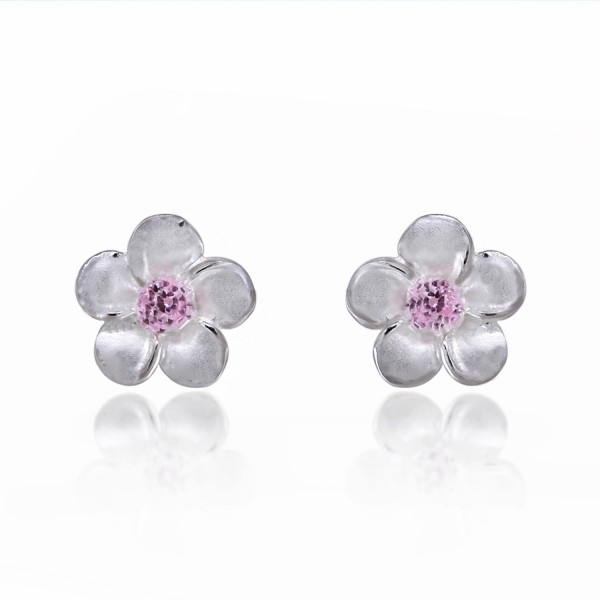 925 Sterling Silver Mini Plumeria Hawaiian Flower with Pink Cubic Zirconia Stud Earrings - CN11NUUAZO9