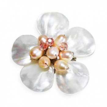 White Plumeria Mother of Pearl and Cultured Freshwater Pink Pearls Floral Pin/Brooch - CL11UUY9OMN
