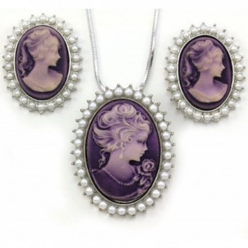 Lavender Purple Cameo Jewelry Set Necklace Pendant Stud Post Earrings Faux Pearl - CJ1101EYX7N