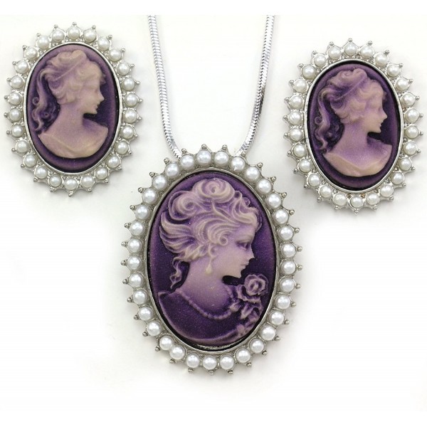 Lavender Purple Cameo Jewelry Set Necklace Pendant Stud Post Earrings Faux Pearl - CJ1101EYX7N