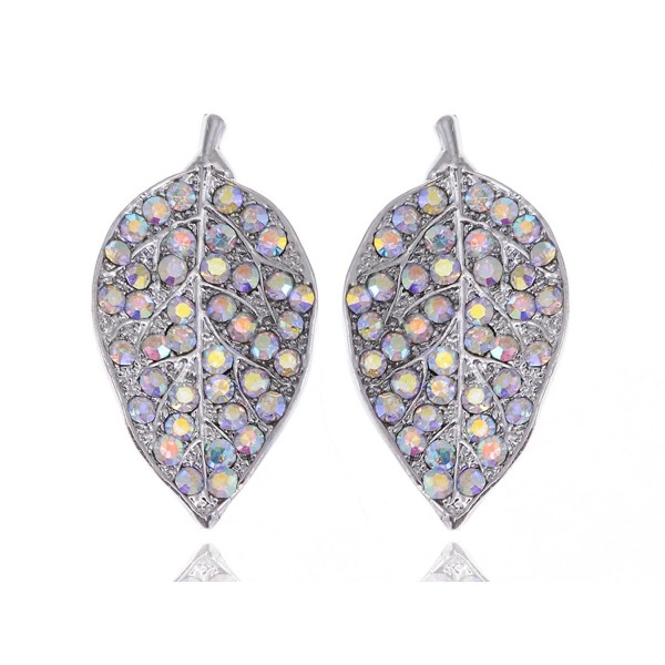 Alilang Silvery Tone Aurore Boreale Crystal Rhinestone Spring Dew Leaf Pair Stud Earrings - C511811XCAL