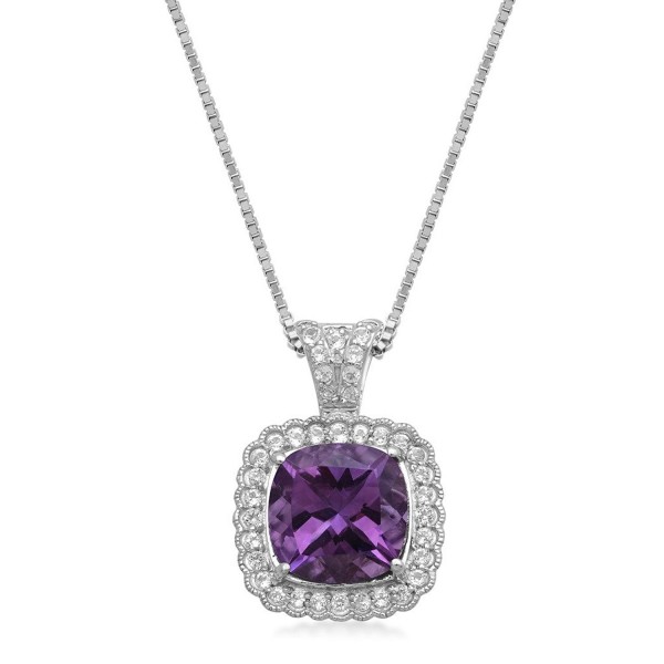Jewelili Sterling Silver Cushion Amethyst with White Topaz- Pendant Necklace- 18" - CC1855EATGW