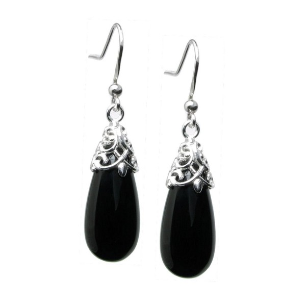 Dreambell 925 Sterling Silver Black Natural Onyx Teardrop Charm Dangle French Hook Earwire Earrings - CJ11NWVNEF9