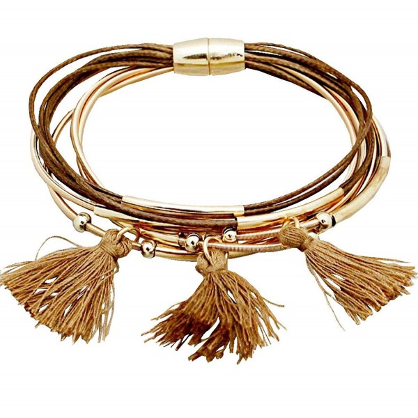 Multi-Strand Beige and Brown Gold-Tone Magnetic Clasp Bangle Bracelet with Tassels - C112D4I15YL