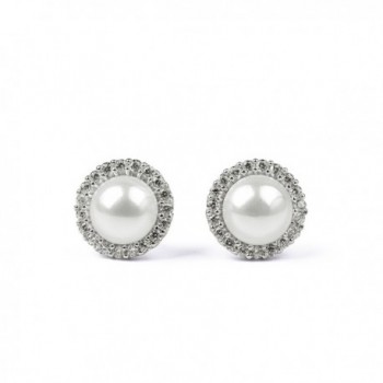 Sterling Silver White Simulated Shell Pearl & Cubic Zirconia Elegant Round Stud Earrings - CH12KJO1OUX