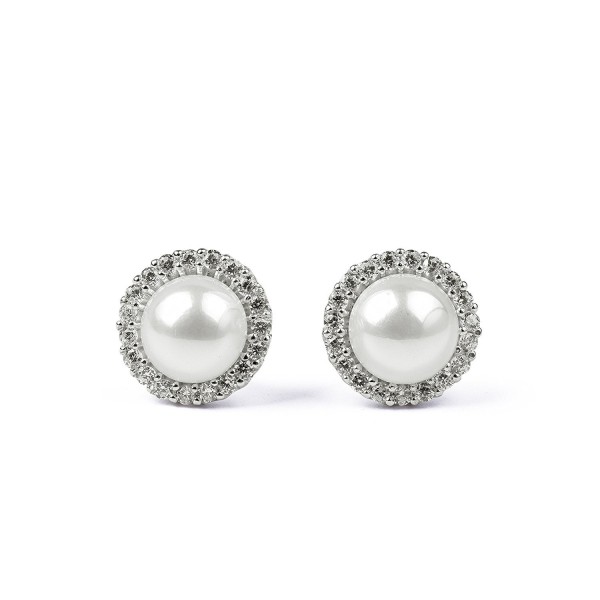 Sterling Silver White Simulated Shell Pearl & Cubic Zirconia Elegant Round Stud Earrings - CH12KJO1OUX