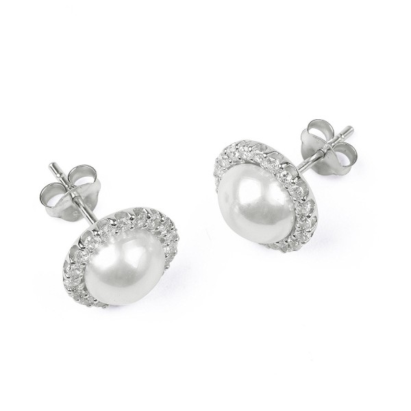 Sterling Silver White Simulated Shell Pearl & Cubic Zirconia Elegant Round Stud Earrings ...
