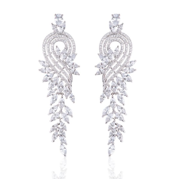 Ginasy Zirconia Earrings Tassels Platinum - "Leaf Tassels White 3.27""*0.98""" - CY1868GAC3L