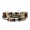 Xusamss Hip Hop Alloy Cross Tag Bangle Wood Bead Pu Leather Link Bracelet-7-9inches - Brown - CG183Y2ZYR7
