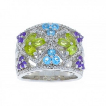 Amethyst Peridot Blue Topaz & Diamond Ring .925 Sterling Silver Rhodium Finish - C3124LSJSND