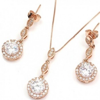 FC JORY White & Rose Gold Plated Diamante Crystal CZ Round Necklace Earring Studs Jewelry Set - Rose gold - CB11MLZQJ5T