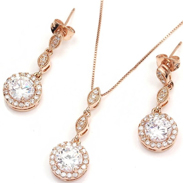 FC JORY White & Rose Gold Plated Diamante Crystal CZ Round Necklace Earring Studs Jewelry Set - Rose gold - CB11MLZQJ5T