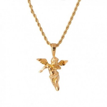 Yellow Gold Tone Cherub Guardian Angel and Rope Chain Necklace - CF11L7MYPHV