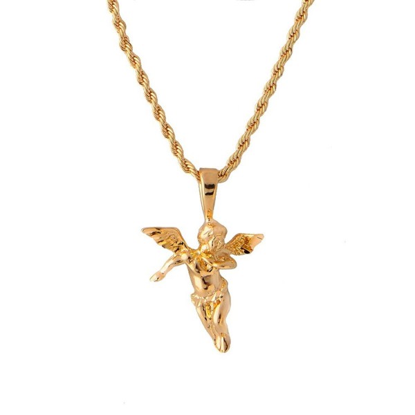 Yellow Gold Tone Cherub Guardian Angel and Rope Chain Necklace - CF11L7MYPHV