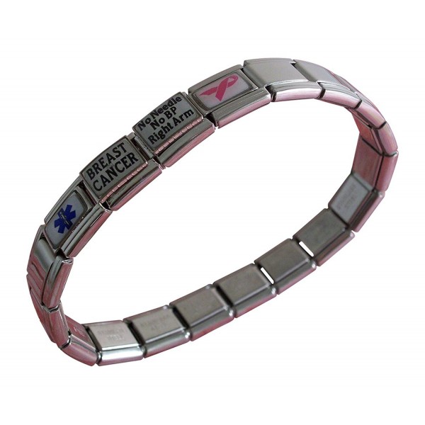 Breast Cancer No Needle or BP on RIGHT Arm Medical ID Alert Italian Charm Bracelet - CV119PHONVX