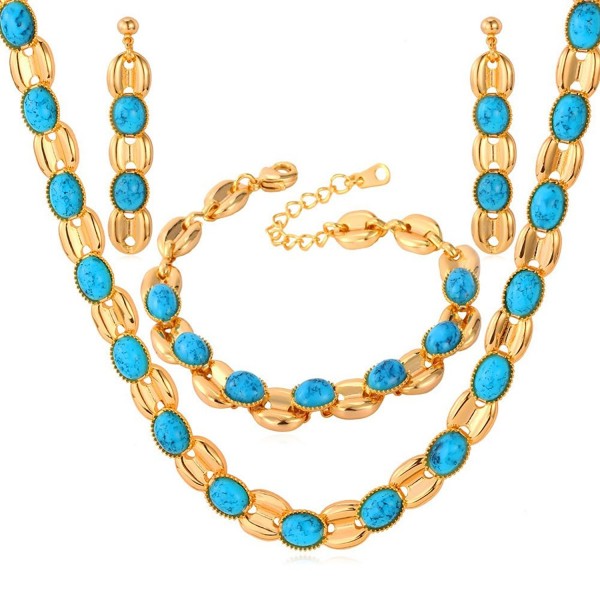 U7 Jewelry Set 18K Yellow Gold Plated/Platinum Plated Turquoise Bib Necklace- Bracelet and Earrings Set For Women - CT123DZILI3