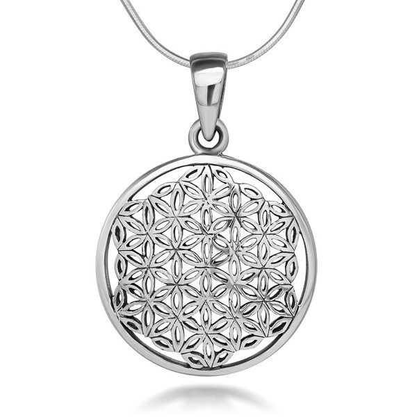 925 Sterling Silver Flower of Life Mandala 22 mm Circle Round Charm Pendant Necklace- 18 inches - CH11W4HEYNX