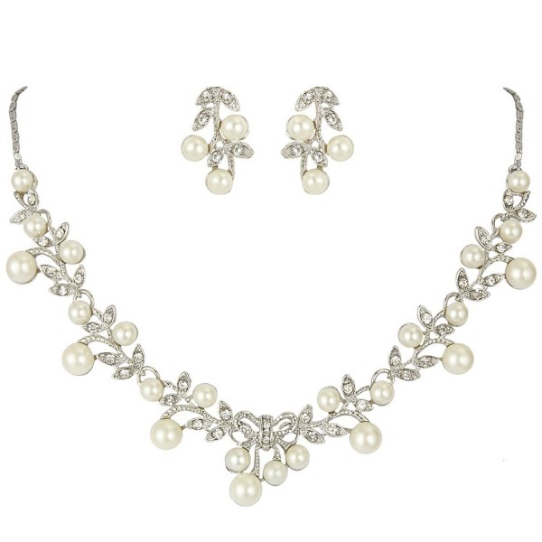 EVER FAITH Women's Simulated Pearl Vine Leaf Bowknot Necklace Earrings Set - CO11LB8WLUT