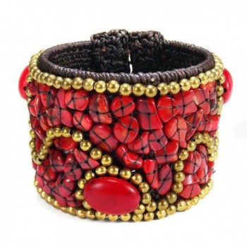 Boho Tribal Cotton Rope Reconstructed Red Coral Brass Wire Cuff Gem Bracelet - CI11UFXOCKX