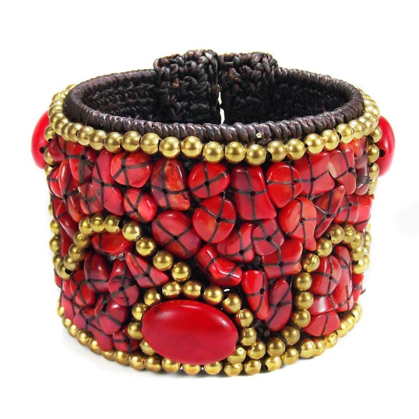 Boho Tribal Cotton Rope Reconstructed Red Coral Brass Wire Cuff Gem Bracelet - CI11UFXOCKX