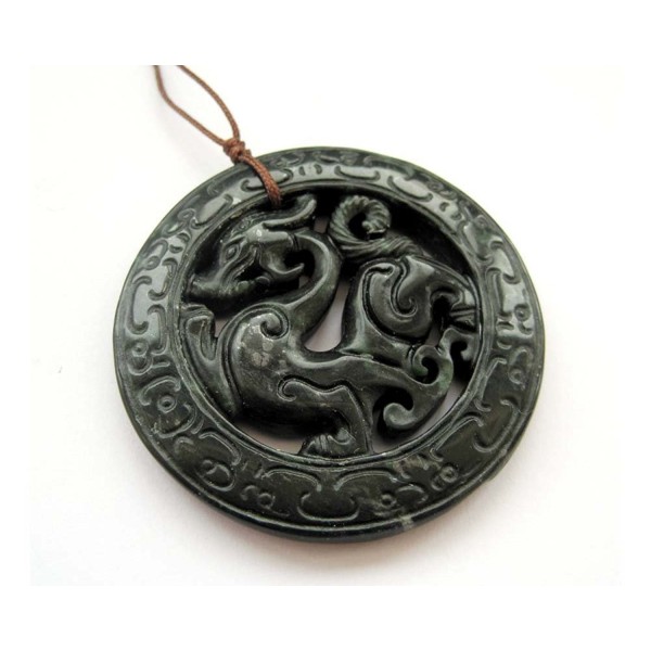 Dark Color Stone Carved Dragon Amulet Pendant - CW11896JFPP