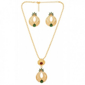 Touchstone gold tone Indian bollywood beautiful mesh and cut work faux pearls emerald jewelry pendant set - CW12OCZDZ52