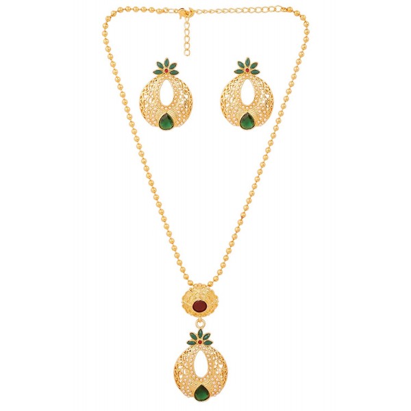 Touchstone gold tone Indian bollywood beautiful mesh and cut work faux pearls emerald jewelry pendant set - CW12OCZDZ52