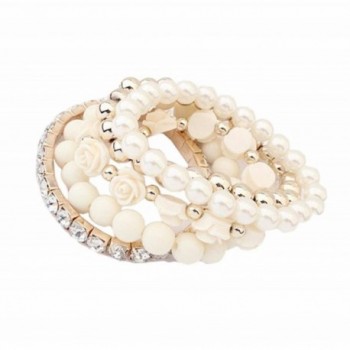 DATEWORK 5 PC/Set Acrylic Rose Flower Round Pearl Shining Rhinestone Crystal Elastic Bracelet - C712CE009S3