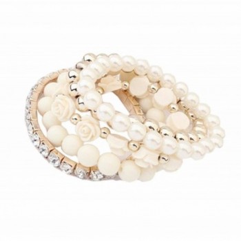 DATEWORK 5 PC/Set Acrylic Rose Flower Round Pearl Shining Rhinestone Crystal Elastic Bracelet - C712CE009S3