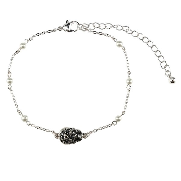 Antique Silver Sugar Skull Charm Pearl Link Bracelet Anklet - CX1825LDHK9