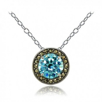 Sterling Silver Gemstone and Marcasite Halo Birthstone Necklaces - Simulated Aquamarine - CX17Z379OSG