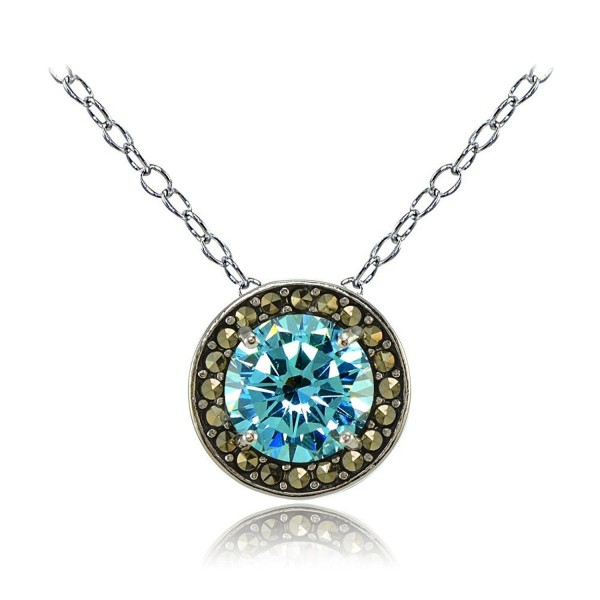 Sterling Silver Gemstone and Marcasite Halo Birthstone Necklaces - Simulated Aquamarine - CX17Z379OSG