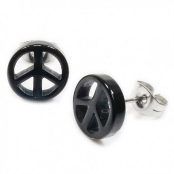 Pair Black Acrylic Peace Sign Stainless Steel Post Stud Earrings 10mm - CX11RBZ0QMB