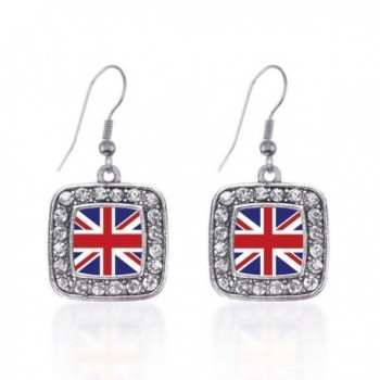 Inspired Silver UK Flag Classic Charm Earrings Square French Hook Clear Crystal Rhinestones - CP124J13GT9