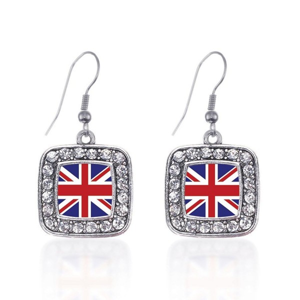 Inspired Silver UK Flag Classic Charm Earrings Square French Hook Clear Crystal Rhinestones - CP124J13GT9