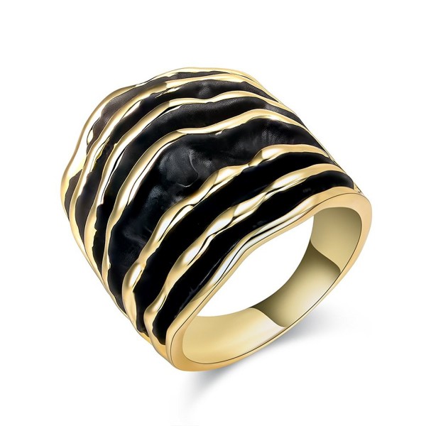 Dnswez Women 2 Tone Enamel Statement Rings Black and Gold Wave Pattern Rings Width: 25mm - Yellow - C61887ROQXW