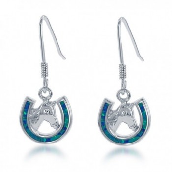 Sterling Silver Created Blue Opal Horseshoe Horse Dangle Earrings - CH124G5B609
