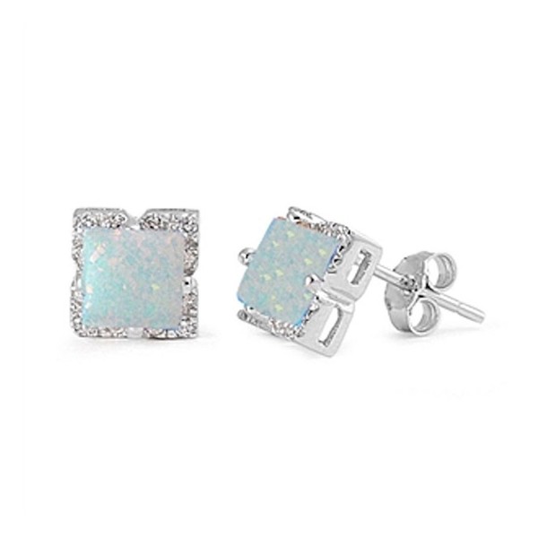 Halo Stud Post Earring Princess Cut Square Lab Created White Opal Round CZ 925 Sterling Silver - CD12MXOELKW