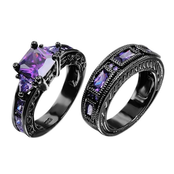 European Style Amethyst Two Pieces Promise Rings for Couples Black Gold Plated Women Sz-8 & Men Sz-6 - CR127AKMD0N