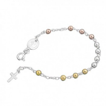 Sterling Silver 14K Rose Gold & Yellow Gold Plated 4mm Bead Cross Charm Rosary Bracelet ( 7.5 Inches ) - C212O7JAQUS