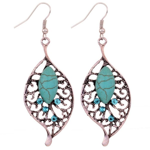 Yazilind Jewelry Vintage Tibetan Silver-plated Leaf Shape Turquoise Drop Dangle Earrings for Women - CT11IOHP53Z