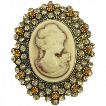 Gyn&Joy Brown Victorian Lady Cameo Brooch Pin With Crystal Rhinestone Charm Women Fashion Jewelry BZ027 - C217AYW0K90
