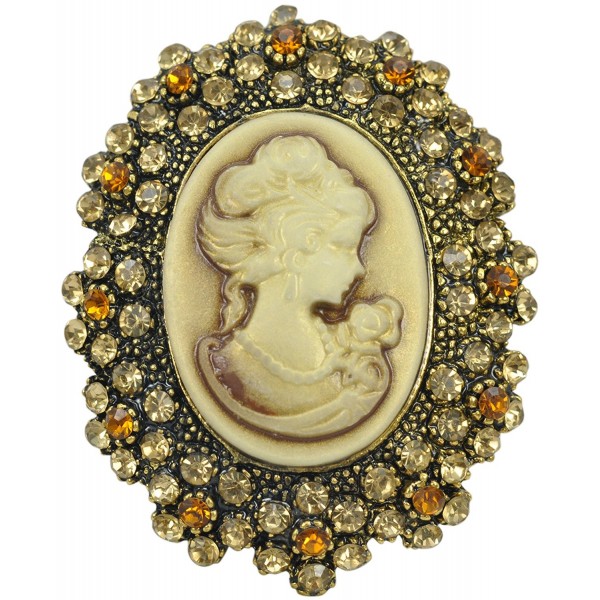 Gyn&Joy Brown Victorian Lady Cameo Brooch Pin With Crystal Rhinestone Charm Women Fashion Jewelry BZ027 - C217AYW0K90