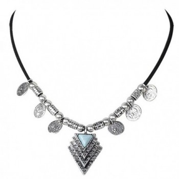 Peony.T Women's Velvet Choker Necklace with Alloy Arrow Pendant and Turquoise Inlay - Stacked triangle-Silver - CO17XHM9U6A