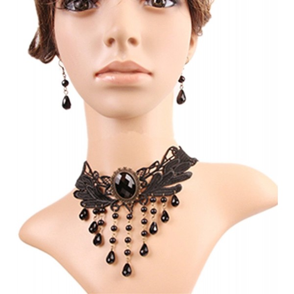 Meiysh Lolita Gothic Black Lace Choker Beads Tassels Chain Pendant Necklace Earrings set - CL11W8VTH0F