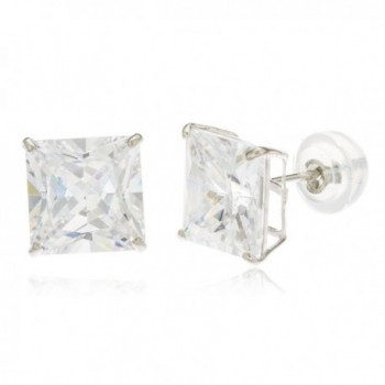 14k White Gold Square Basket Setting Cz Stud Earrings with Silicone Back - All Sizes Available - CB11PIWF359